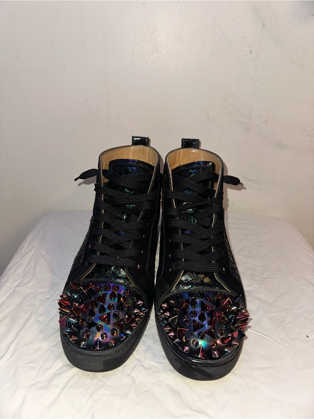 Christian Louboutin Black Iridescent Spike-Detail High-Top Sneakers